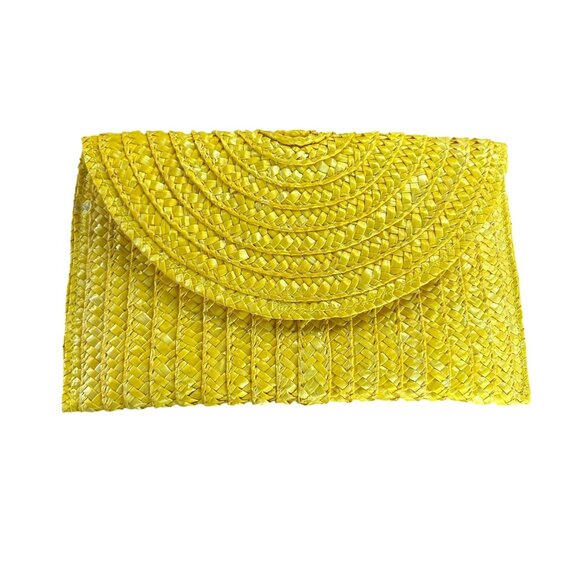 Yellow Raffia Straw Fold Over Envelope Clutch - Picture 1 of 7